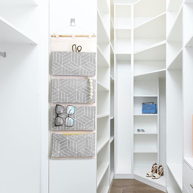 CROWNED 2Pcs Over Door Hanging Storage Bags Wall Mount Closet Organizer, 4 Big Pockets Linen Cotton Fabric Multi Functional Living Room Bedroom Bathroom File Magazine Waterproof Free Hooks Grey-NeatNest