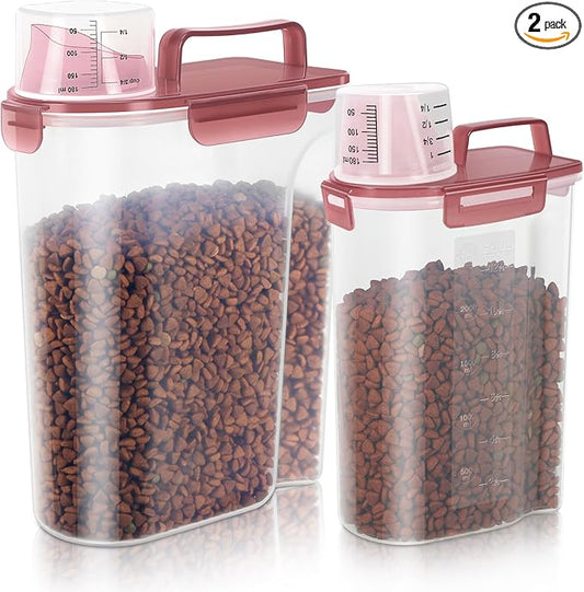 Dog Food Storage Container, Upgraded Large Nozzle BPA-free, 8-12 LBS Plastic Pet Food Storage Containers, With 4 Sealed Clasps, 1 Measuring Cup and Handle (2, Clear Pink, (3L+5L))-NeatNest