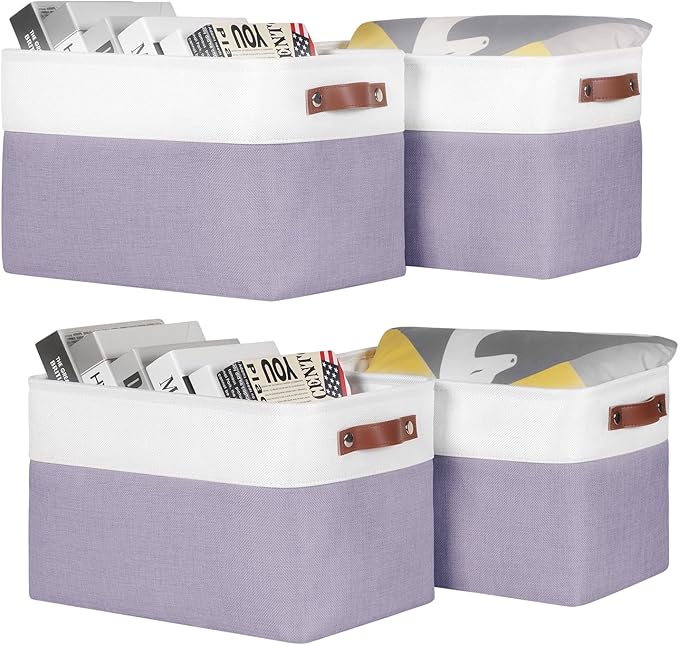 Univivi Large Fabric Storage Baskets Hard Bottom Organizer Bins for Shelves Organizing Foldable Storage Bins with PU Handles for Closet (Purple-4-Pack)-NeatNest