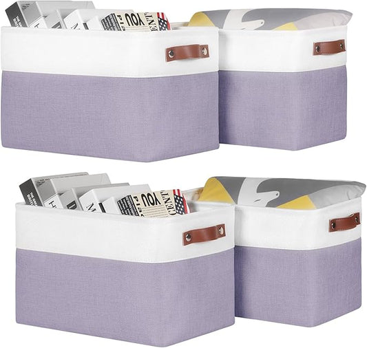 Univivi Large Fabric Storage Baskets Hard Bottom Organizer Bins for Shelves Organizing Foldable Storage Bins with PU Handles for Closet (Purple-4-Pack)-NeatNest