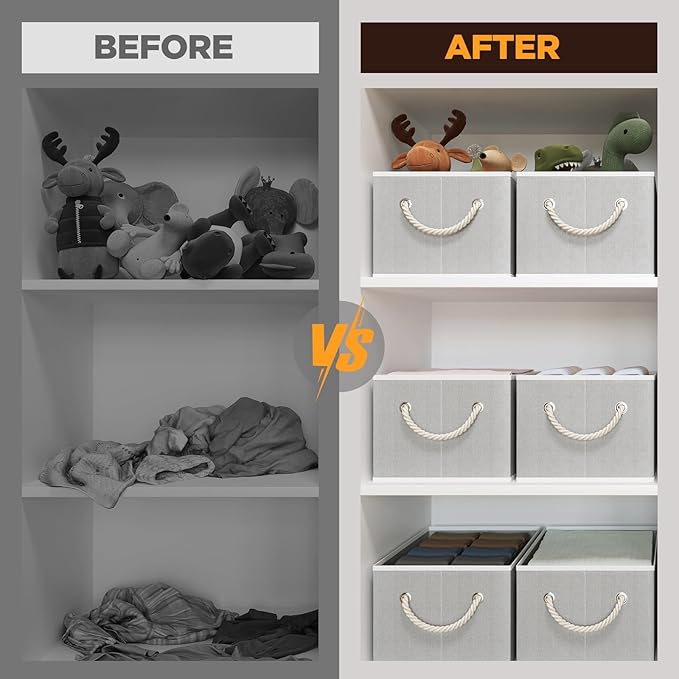 Closet Storage Bins, Linen Closet Organizers and Storage Basket for Shelves, Collapsible Shelf Baskets for Organizing Shelves, Bedroom Clothes Basket, Gray, 3 Pack-NeatNest