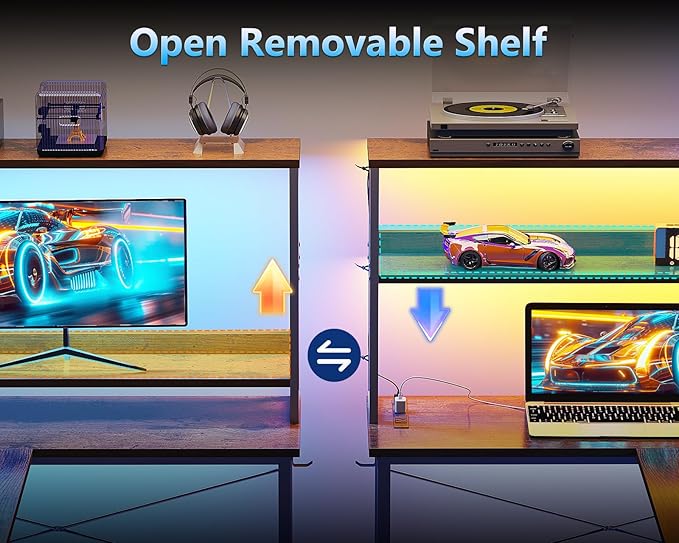 Casaottima Gaming Desk with Power Outlets & LED Lights, 53 Inch Reversible L Shaped Computer Desk with Shelves & Storage Bag, Corner Desk for Home Office, Vintage-NeatNest