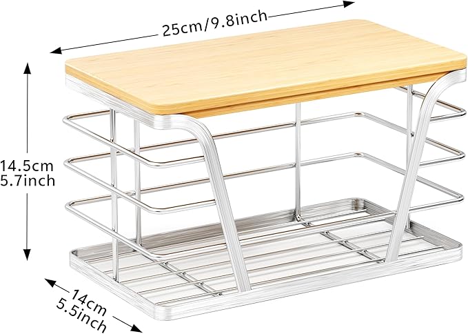 Trash Bag Dispenser with Bamboo Top for Kitchen Storage Organization,Stackable Storage Organizer 304 Stainless Steel Trash Bag Holder under Sink