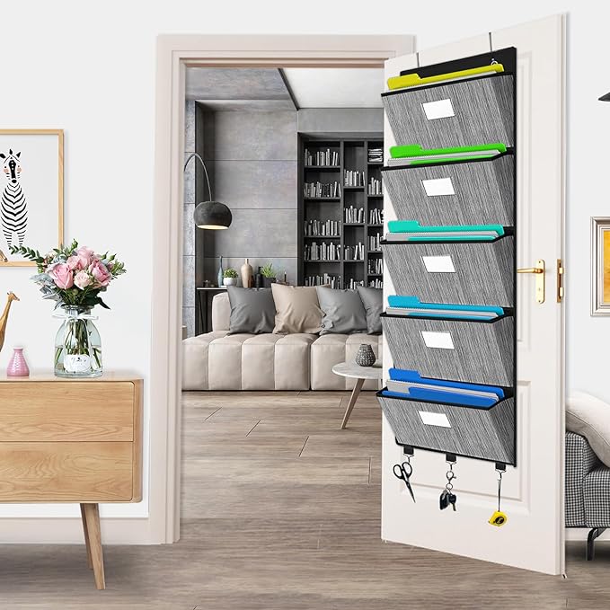homyfort Over the Door File Organizer, Hanging File Folders Wall Organizer with 5 Large Pocket for Papers, Charts, Mails, Magazine, Office (Black)-NeatNest