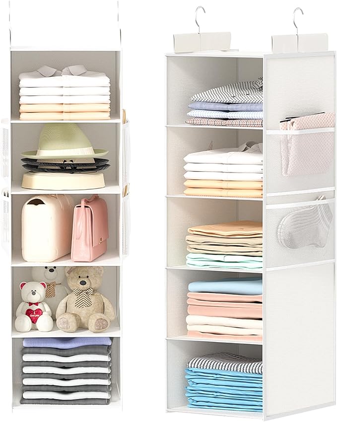 Extra Deep Hanging Closet Organizer with Shelves and Oversized Mesh Pockets, Heavy-Duty Structure, No Deformation, Max Storage for Clothes, Shoes, Hats, Dorms and RVs,1-Pack (White, 5 Tier)-NeatNest