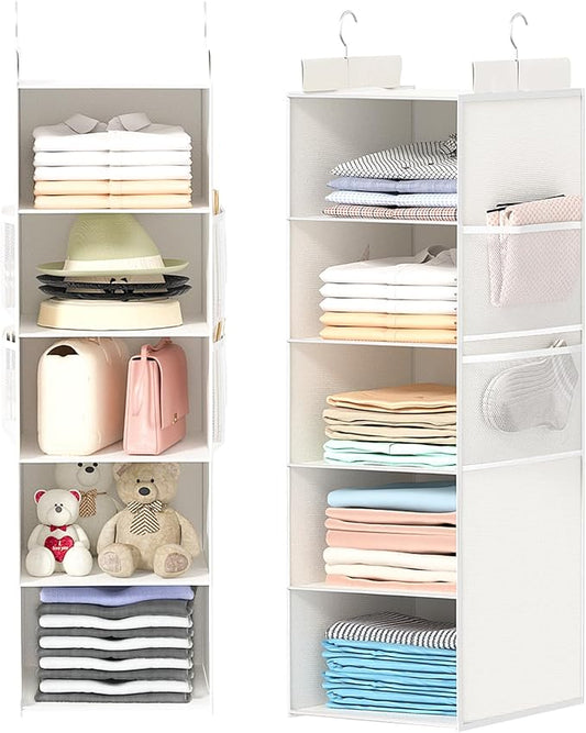Extra Deep Hanging Closet Organizer with Shelves and Oversized Mesh Pockets, Heavy-Duty Structure, No Deformation, Max Storage for Clothes, Shoes, Hats, Dorms and RVs,1-Pack (White, 5 Tier)-NeatNest