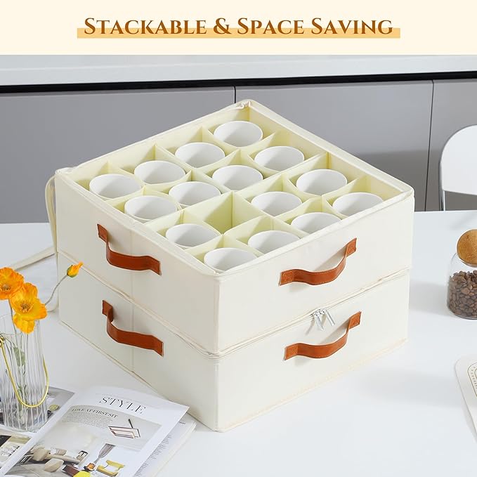 2 Pack Cup and Mug Storage Box with Dividers and Hard Shell, Stackable Coffee Cup Storage Organizer with Lid, Zipper, and Handles for Coffee Mugs, Cups, Glasses, Stemware Storage Containers for Moving-NeatNest
