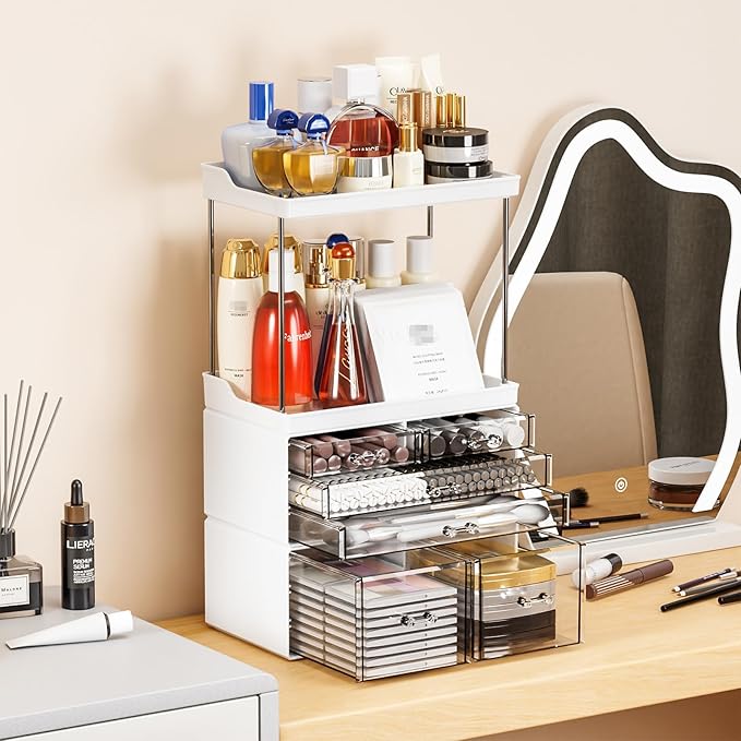 Yieach Bathroom Counter Organizers and Storage,White Acrylic Makeup Organizers with Drawers for Vanity,Bedroom,Plastic Skincare Organizer for Dresser Top Beauty,Cosmetic,Lotion and Perfume Organizer-NeatNest