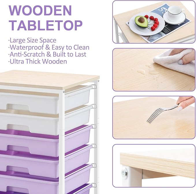 Rolling Cart with Drawers,Utility Cart With 8 Drawers and Wooden Tabletop for Living Room,Classroom,Bedroom,Bathroom,Dorm,Office,Purple