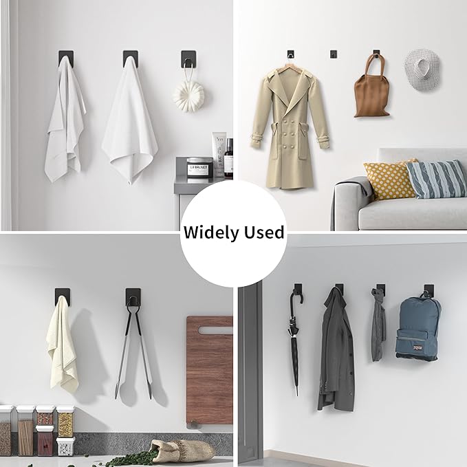 DELITON 8 Pack Adhesive Towel Hooks - Bathroom Towel/Wall Hooks for Hanging Coat Robe Stick on Bathroom or Kitchen Matte Black Stainless Steel-NeatNest