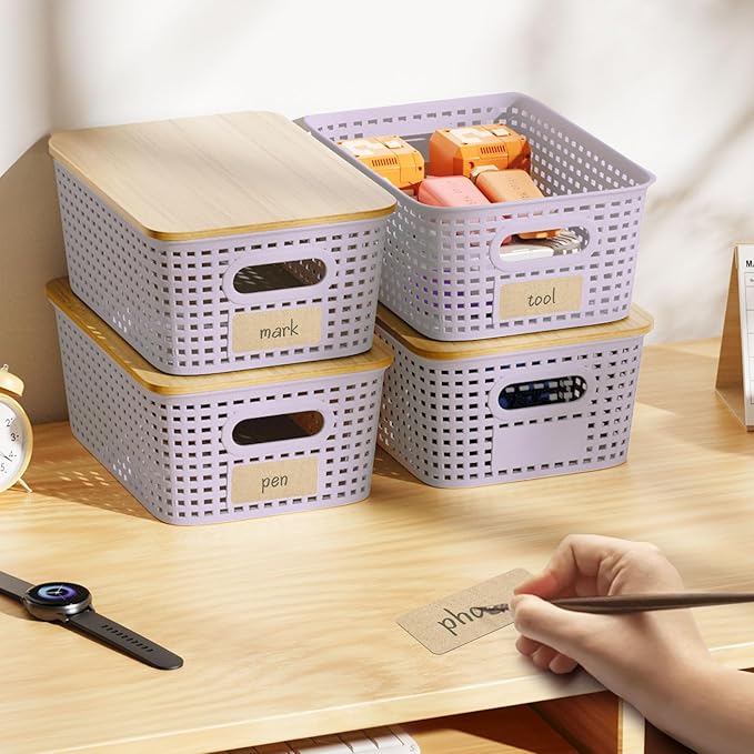 6-Pack Small 5 Qt Stackable Storage Bins with Bamboo Lids - Decorative Cute Plastic Baskets Boxes Containers with Labels for Organizing Shelves, Classroom, Closet, Desktop, Office - Purple-NeatNest