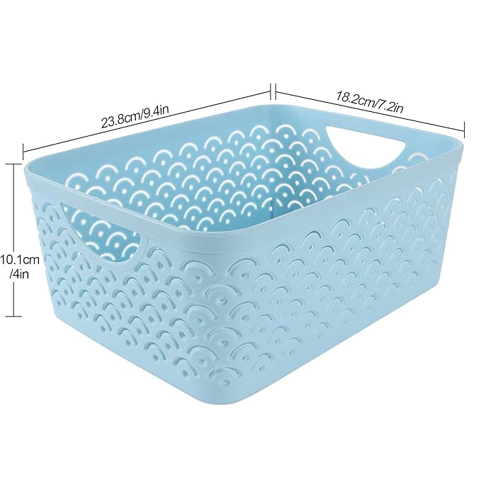 5 Pack Plastic Storage Baskets, Portable Blue Fish Scale Pattern Hollow Desktop Storage Bin Box with Handle for Kitchen, Bathroom, Kids Room or Nursery Storage – 9.4 x 7.1 x 4.1 inches