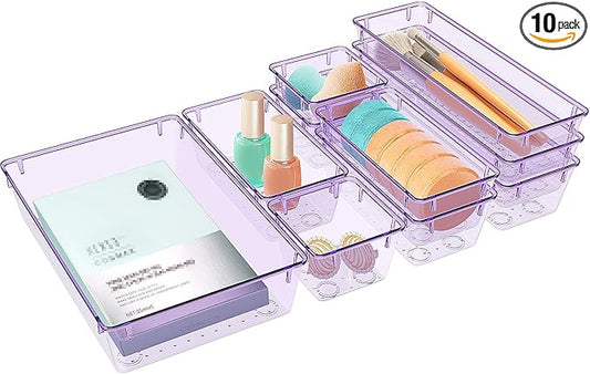 10 PCS Drawer Organizer Set, 4 Varied Size Bathroom and kitchen Drawer cabinet organizer Trays, Clear Storage Bins for Makeup, Jewelry, Utensils and Gadgets, Purple-NeatNest