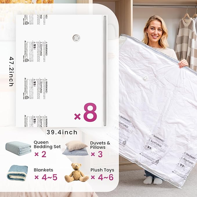 TAILI 8 Pack Vacuum Storage Bags for Comforter and Blankets, XXL Jumbo Vacuum Seal Bags for Bedding (47x39 Inch), Huge Space for Toy, Bedding, Pillows, Save More Closet Space-NeatNest