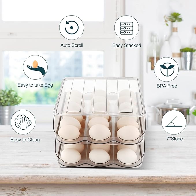 Egg Holder for Fridge,Automatically Rolling Egg Storage Container for Refrigerator,Egg Organizer for Fridge with Lid,Clear Plastic Dispenser, Tray & Box -3 Layer