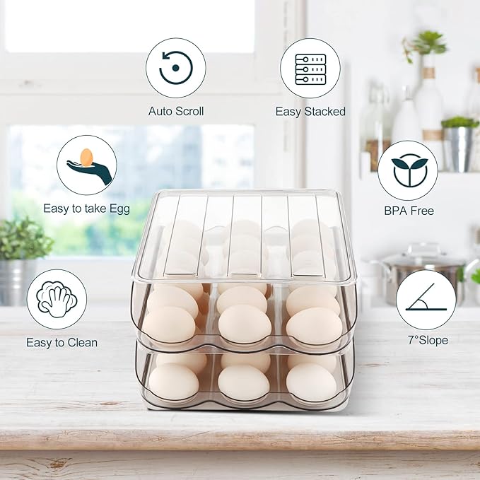 Egg Holder for Fridge, Automatically Rolling Egg Storage Container for Refrigerator,Large Capacity Egg Organizer for Fridge with Lid,Clear Plastic Dispenser, Tray & Bin -1 Layer
