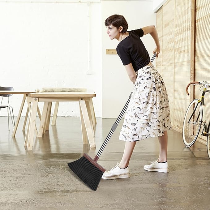 kelamayi Upgrade Broom and Dustpan Set, Self-Cleaning with Dustpan Teeth, Ideal for Dog Cat Pets Home Use, Super Long Handle Upright Stand Up Broom and Dustpan Set (Brown)