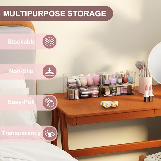 4 Pack Stackable Storage Drawers, Clear Acrylic Makeup Organizer for Vanity, Plastic Storage Bins, Multi-Purpose Cosmetic Display Organizers for Jewelry, Bathroom, Office, Pantry, Home Organization-NeatNest