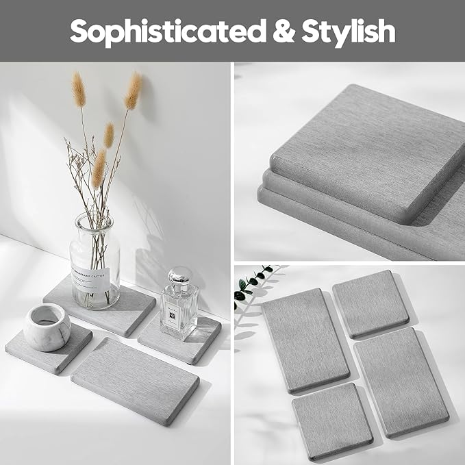 4PCS Bathroom Sink Vanity Trays, Diatomaceous Earth Quick Stone Drying Mat Kitchen Counter Dish Soap Dispenser Sponge Holder, Water Absorbing Caddy Organizer for Bottle & Cup, Light Gray-NeatNest