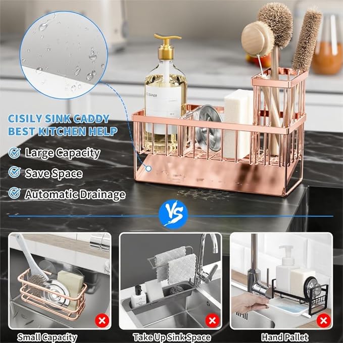 Cisily Sink Caddy Organzier with High Brush Holder, Sponge Holder for Sink, 304 Rustproof Stainless, Kitchen Countertop Soap Dispenser Organizer, Rose Gold Kitchen Decor and Accessories-NeatNest