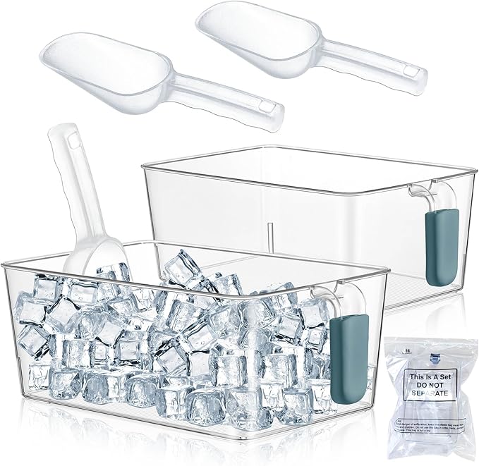 Havawish 2 Set Ice Bin and Flexible Scoop Set Plastic Freezer Ice Bin with Pull out Handle Clear Storage Bucket for Container with Bucket Scoop(Dark Blue,10.83 x 7 x 4.33 in)