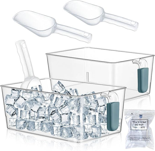 Havawish 2 Set Ice Bin and Flexible Scoop Set Plastic Freezer Ice Bin with Pull out Handle Clear Storage Bucket for Container with Bucket Scoop(Dark Blue,10.83 x 7 x 4.33 in)