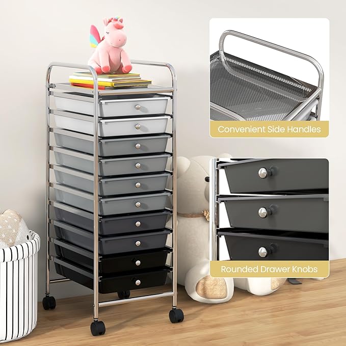 COSTWAY 10-Drawer Rolling Storage Cart, Utility Mobile Trolley with Removable Drawers & Universal Casters & 2 Brakes, Versatile Flexible Drawer Organizer Cart for Home, Office, Mixed Black-NeatNest