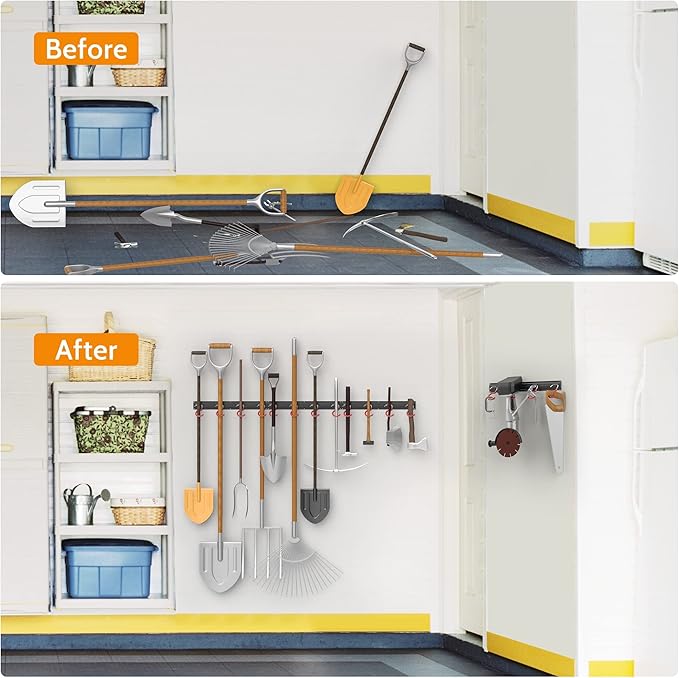 WALMANN All Metal 64 Inch Wall Mount Garden Tool Organizer for Garage, Mop and Broom Holder, Yard Tool Storage Rack for Rake, Shovel, Spade, Mop, Broom(4 Rails, 16 Hooks)-NeatNest