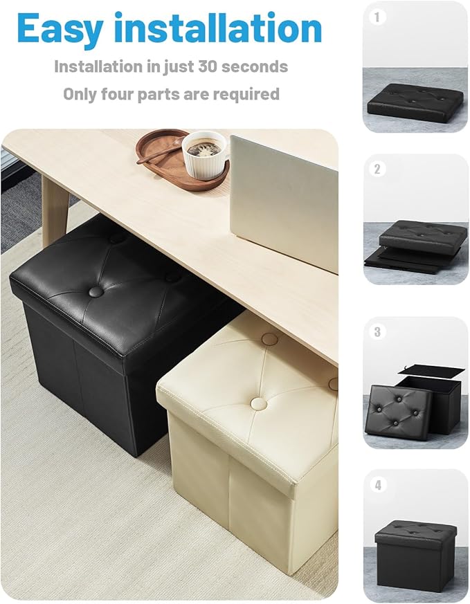 AmasSmile Storage Ottoman Folding Foot Rest Stool, Leather Footstool Bench, Short Ottoman Stool, Storage Foot Rest Store, Books (Side Pocket Black, 17" D x 13" W x 13" H)-NeatNest