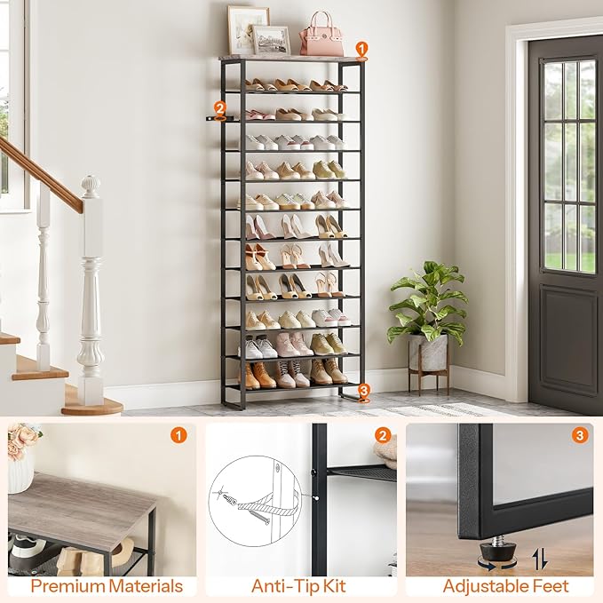 HOOBRO Shoe Rack, 12-Tier Shoe Storage Organizer, Large Capacity Shoe Shelf for Front Door Entrance, Entryway, Closet, Holds 36-48 Pairs of Shoes, Closet, Greige and Black BG127XJ01-NeatNest