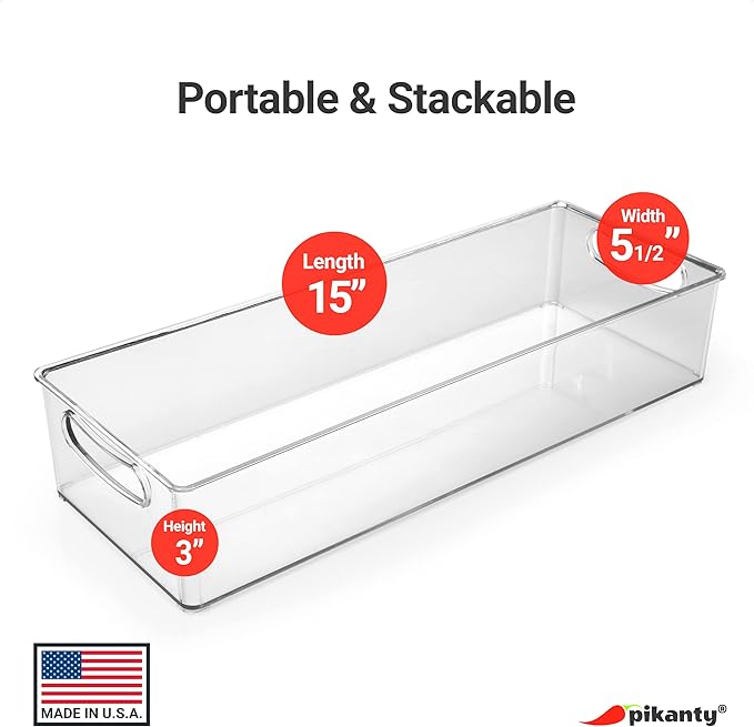 15-Inch Refrigerator Organizer Bin with Handles - Clear Plastic Storage for Fridge, Pantry, or Countertop - Dishwasher Safe - Made in the USA
