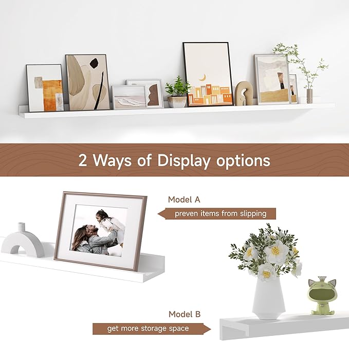 Floating Picture Ledge Shelves for Wall Set of 2, 55 Inches Picture Shelf with Ledge, Nursery Book Shelf for Toys Storage Kids Bookshelf Wall Mounted Living Room Bedroom Decor Frames, White-NeatNest