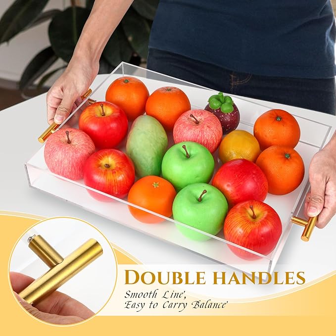 3 Pack Clear Acrylic Serving Tray with Gold Handles Serving Tray Spill Proof Acrylic Bathroom Decorative Tray Organizer for Coffee Table Countertop Appetizer Breakfast Vanity