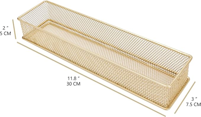 Annova Mesh Stackable Drawer Cabinet and Shelf Organizer Bins Storage Basket School Office Supply Holder Tray- Set of 2 (Gold, 3x12x2 Inch)-NeatNest