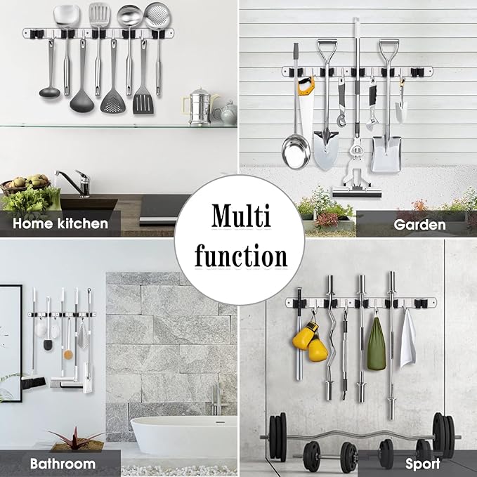 AceMining 5 Racks and 4 Hooks Mop and Broom Holder Wall Mount, Broom Organizer Storage Tool Racks Stainless Steel Heavy Duty Hooks Self Adhesive Solid Non-slip for Home Kitchen Garden Laundry Garage-NeatNest