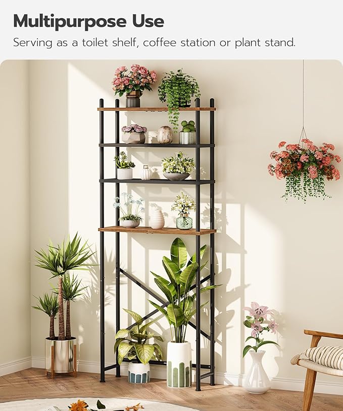 HOOBRO Over The Toilet Storage, 4-Tier Over Toilet Bathroom Organizer, Freestanding Above Toilet Shelf with Adjustable Feet, Space Saving, Easy to Assemble, Rustic Brown and Black BF64TS01