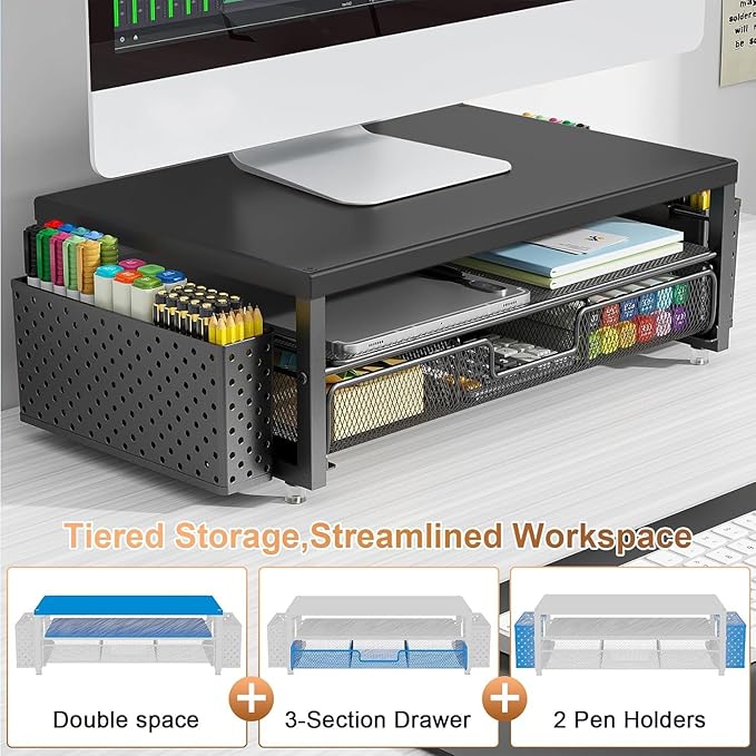 gianotter Wood Monitor Stand Riser, Office Desk Shelf Organizer, Desk Organizer with Drawer and Pen Holder, 2-Tier Computer Stand, Office Organization (Ink)-NeatNest