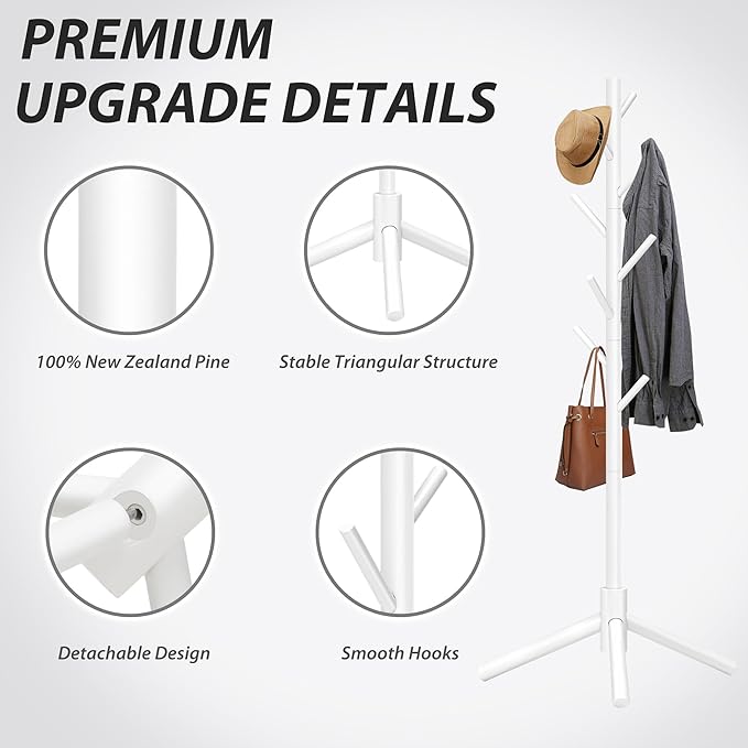 Durable Wooden Coat Rack, Freestanding Coat Rack with Stable Triangular Base, 8 Hooks & 3 Adjustable Heights, Simple Assembly for Bedroom, Hallway, Office(New White)-NeatNest