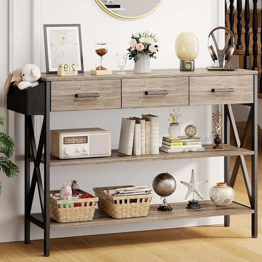 Gizoon 47" Entryway Table with 3 Drawers and 3 Tier Storage Shelves, Industrial Narrow Long Sofa Table, Farmhouse Style Console Table for Living Room, Hallway, Couch, Small Spaces - Grey-NeatNest