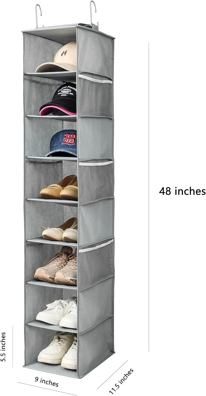 Hanging Shoe Organizer for Closet with Side Mesh Pockets，Hat Racks for Baseball Caps，Shoe and Hat Holder & Storage，8-Shelf，Gray，1 Pack-NeatNest