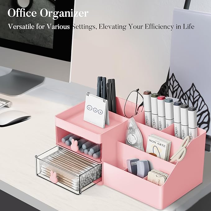 Makeup Organizer, Cosmetic Desk Storage Box with Drawers Skincare Organizers for Dressing Table, Countertop, Bathroom Counter, Vanity Holder for Brushes, Lotions, Lipstick, Perfume (Pink-Clear)-NeatNest