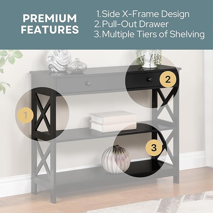 Convenience Concepts Oxford 1-Drawer Console Table 39.5" - Farmhouse Sofa Display with Storage Shelf For Living, Family, & Dining Room, Modern Entryway Hall Table for Kitchen, Bedroom, Black-NeatNest