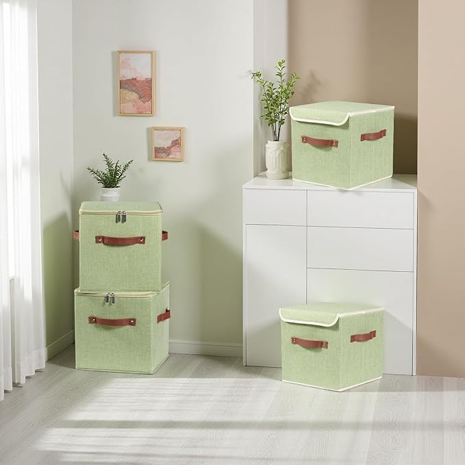 2PCS Storage Cubes with Lid Fabric Storage Bins Boxes PU Leather Handles Cotton Linen Closet Organizer Container Decorative Foldable Washable Shelf Cloth Basket (Flip-top Lid, Green, 11in)-NeatNest
