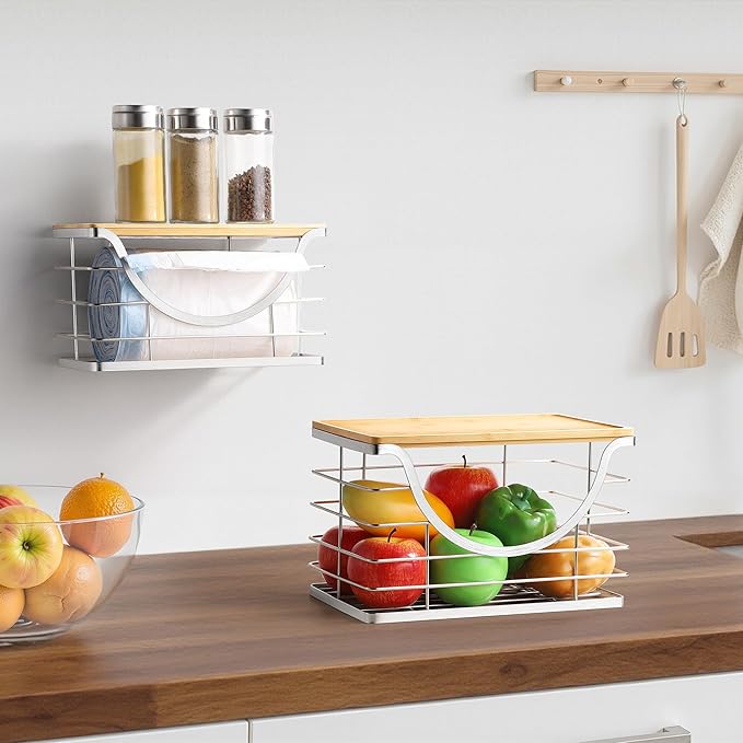 Extra Large Trash Bag Holder Stackable Kitchen Storage Slive, 2 Pack Wall Mounted Pantry Organizers and Storage with Bamboo Top, Garbage Bag Dispenser Under Sink for Laundry Room and Kitchen-NeatNest