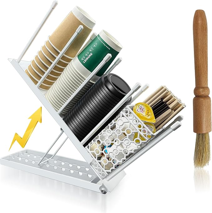 Coffee Bar Organizer Countertop, Metal Coffee Station Organizer with Straw Holder & Clean Brush, 4 Compartment Cup and Lid Holder Cup Dispenser Accessories Station (White)-NeatNest