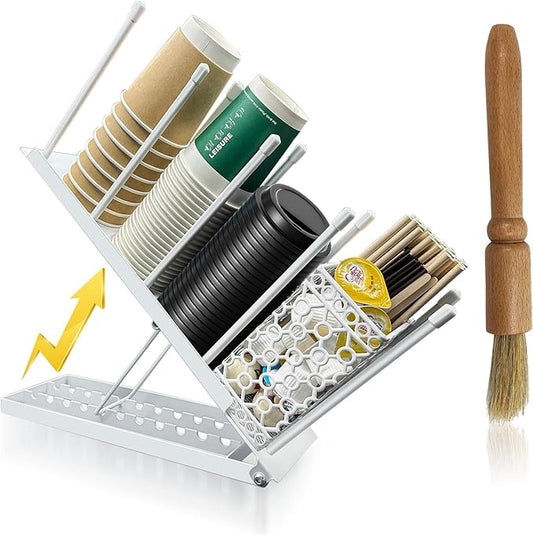 Coffee Bar Organizer Countertop, Metal Coffee Station Organizer with Straw Holder & Clean Brush, 4 Compartment Cup and Lid Holder Cup Dispenser Accessories Station (White)-NeatNest