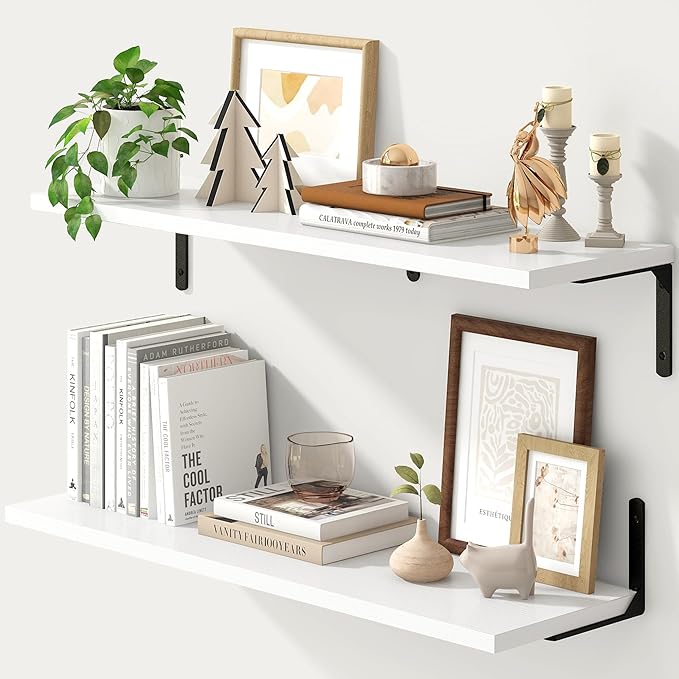 Fun Memories Deep Floating Shelves, 32W x 8D Floating Shelves Set of 2, Wall Mounted Shelf with Metal Brackets, Rustic Wood Wall Shelf for Bathroom, Kitchen and Living Room, White-NeatNest