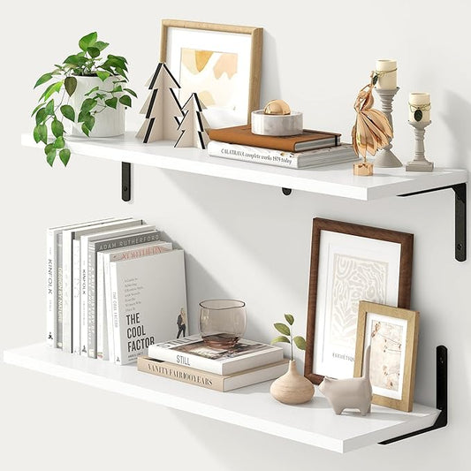 Fun Memories Deep Floating Shelves, 32W x 8D Floating Shelves Set of 2, Wall Mounted Shelf with Metal Brackets, Rustic Wood Wall Shelf for Bathroom, Kitchen and Living Room, White-NeatNest
