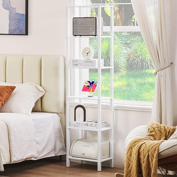 66in Tall Bookshelf 6-Tier Small Narrow Bookcase, Skinny Book Shelf for Small Space, Farmhouse Slim Shelf with Storage, Wood Freestanding Display Thin Bookshelves for Living Room, Office, White