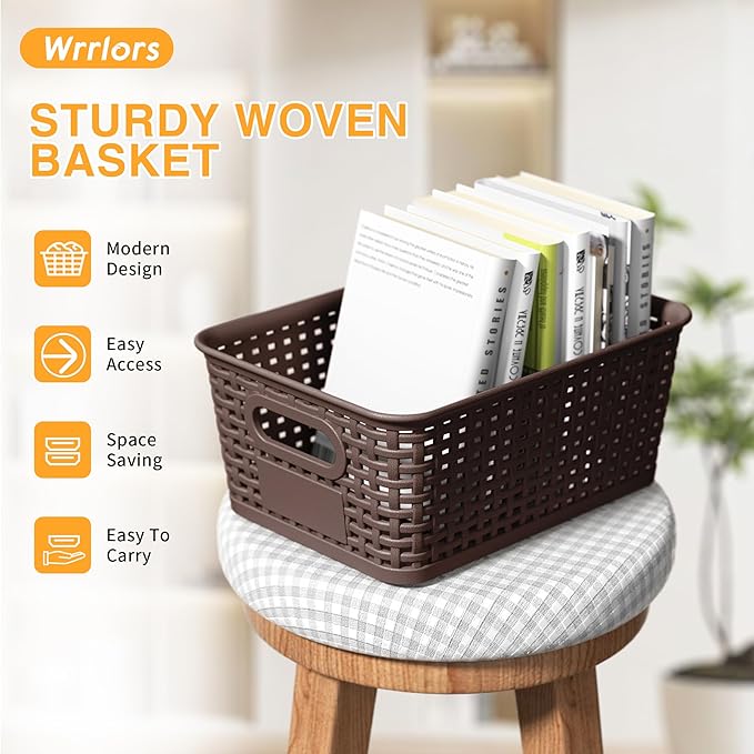 Brown Plastic Storage Baskets - Pack of 8 with Labels Stackable Durable Storage Bins, Storage Containers for Organizing Desktops, Closets, Playrooms, Classrooms, Offices-NeatNest